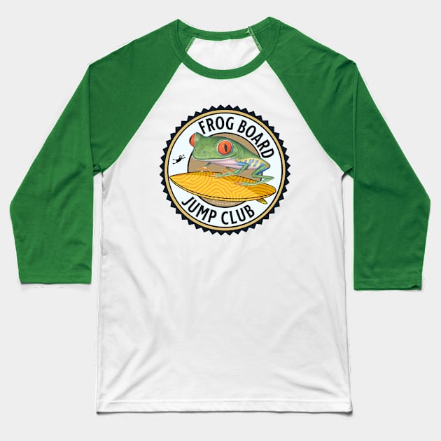 Cute and Funny red eyed tree frog riding a surfboard and is ready for the jump club tee Baseball T-Shirt by Danny Gordon Art